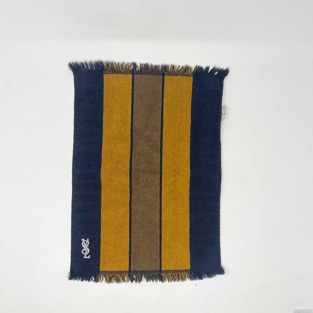 VTG YSL Yves Saint Laurent Fieldcrest‎ Hand Towel Set of 3 Navy Gold Stripe Mono
